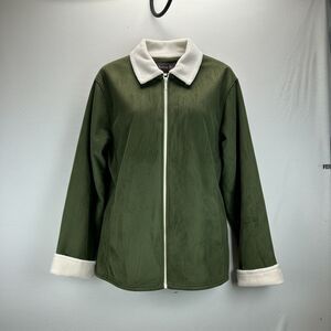 Andrea Faye Olive Green Sherpa Lined Zip Jacket XXL Cozy Cottagecore Fleece